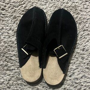Clarks Black Suede Buckle Mule